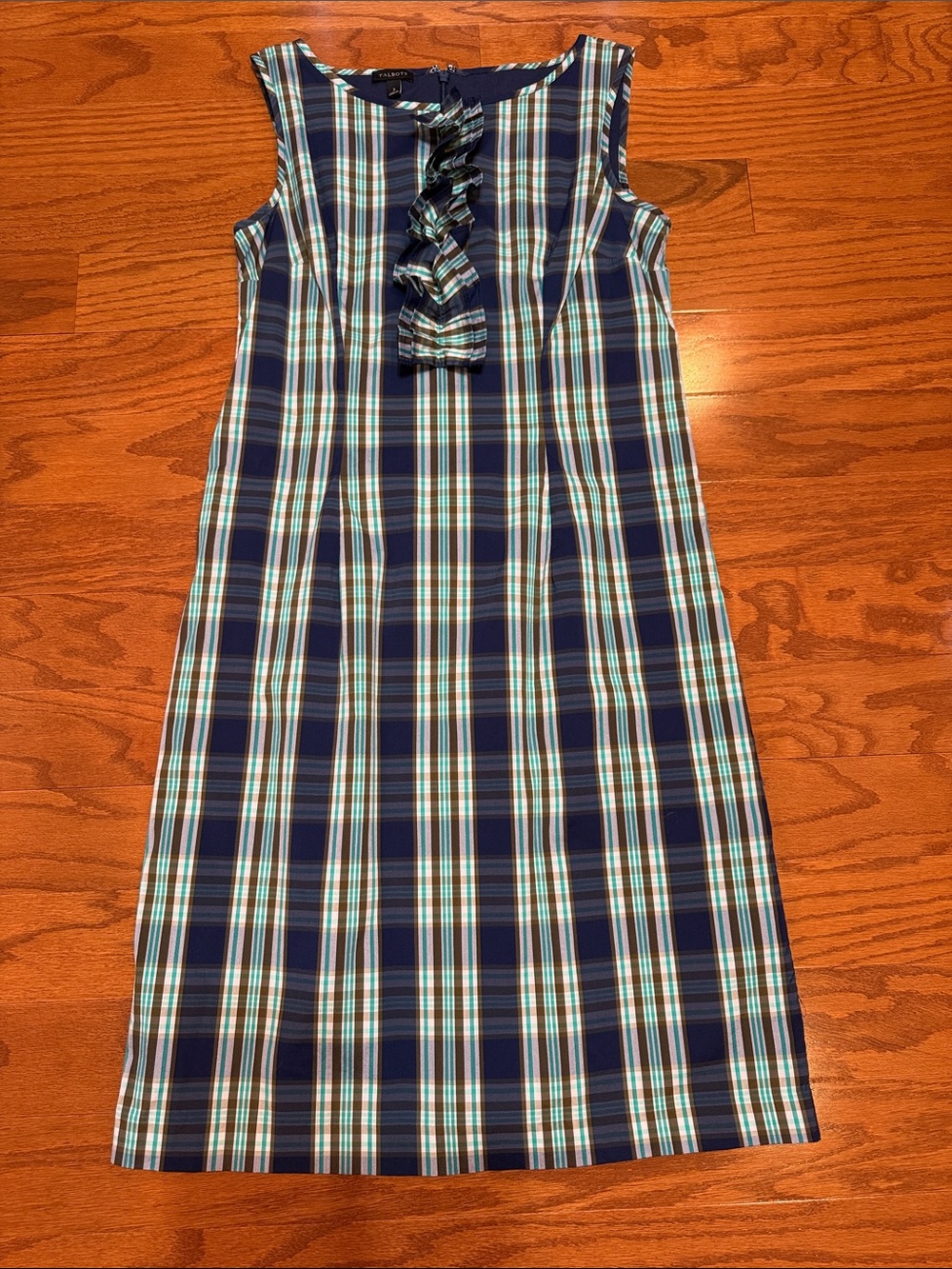 Navy Plaid Ruffle-Front Dress